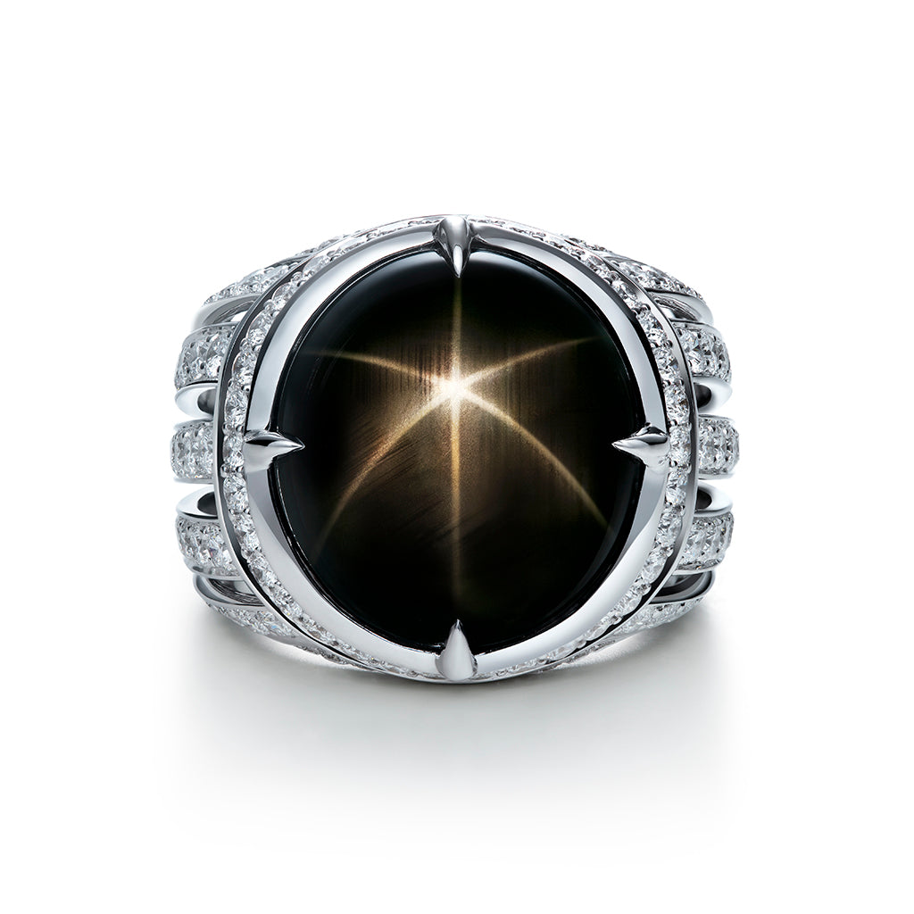 Black Star Sapphire Ring with D Flawless Diamonds set in 18K White Gold