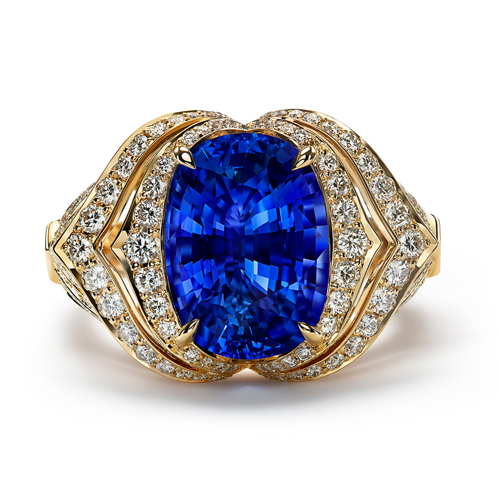 Unheated Ceylon Blue Sapphire Ring with D Flawless Diamonds set in 18K Yellow Gold