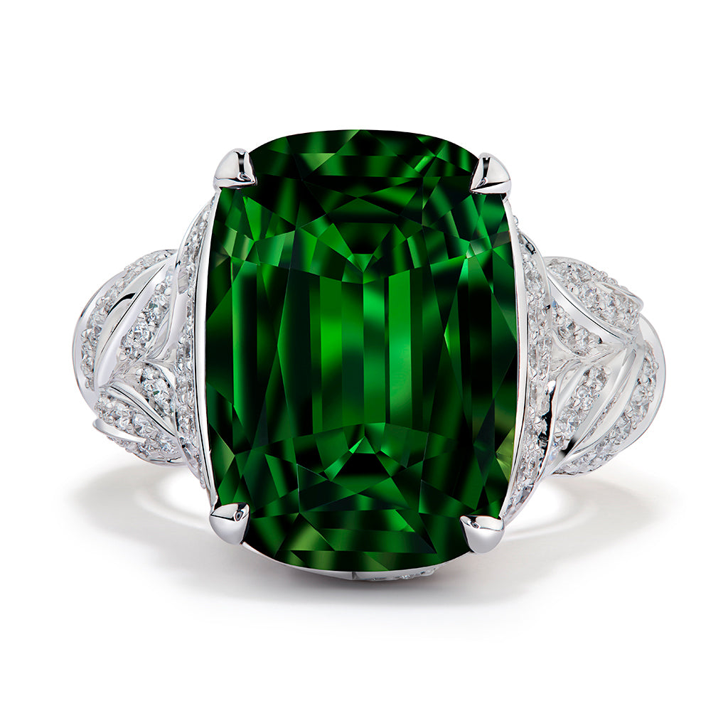 Chrome Tourmaline Ring with D Flawless Diamonds set in 18K White Gold