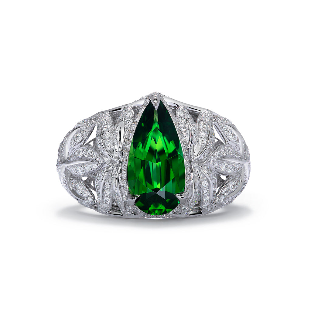 Chrome Tourmaline Ring with D Flawless Diamonds set in 18K White Gold