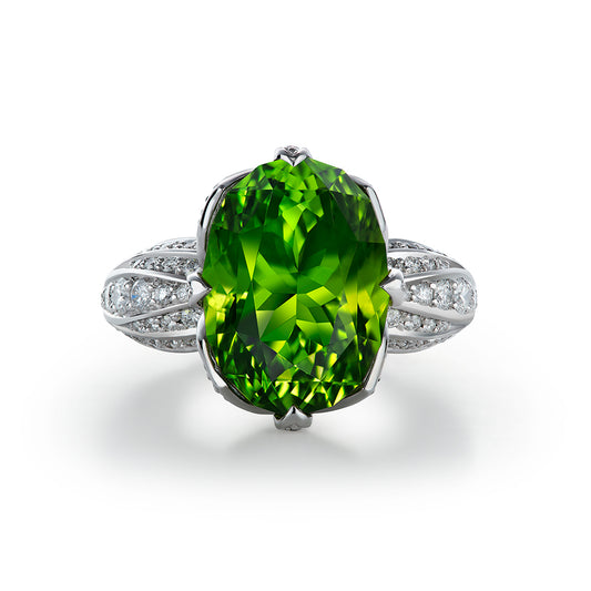 Zabargad Peridot Ring with D Flawless Diamonds set in 18K White Gold