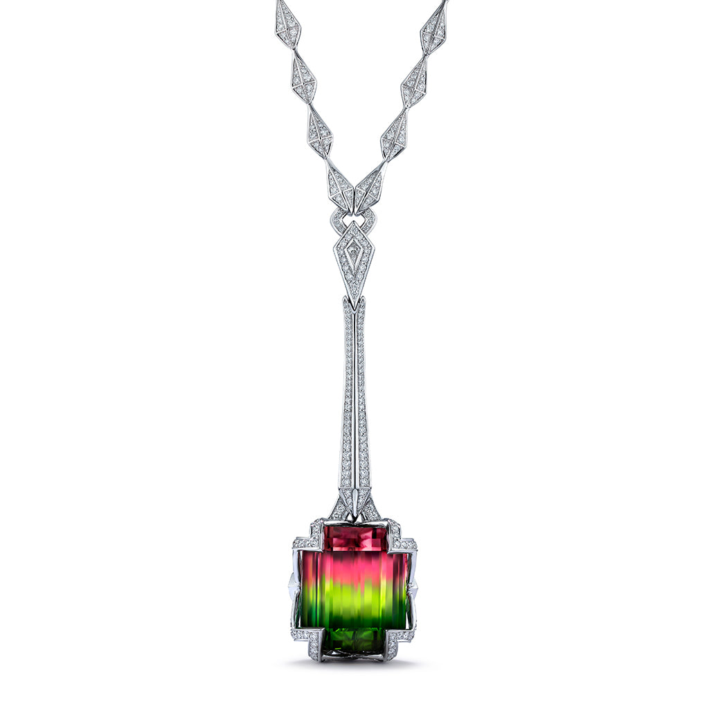 Neon Bi Color Tourmaline Necklace with D Flawless Diamonds set in 18K White Gold