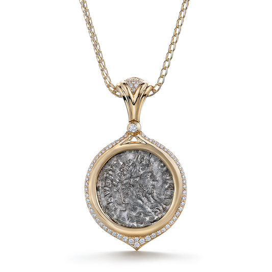 Ancient Coin Rome Necklace with D Flawless Diamonds set in 18K Yellow Gold