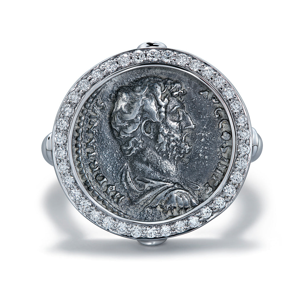 Ancient Coin Rome Ring with D Flawless Diamonds set in 18K White Gold