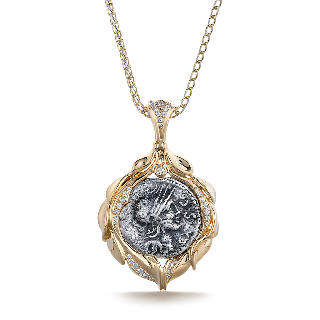 Ancient Coin Rome Necklace with D Flawless Diamonds set in 18K Yellow Gold