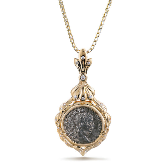 Ancient Coin Rome Necklace with D Flawless Diamonds set in 18K Yellow Gold