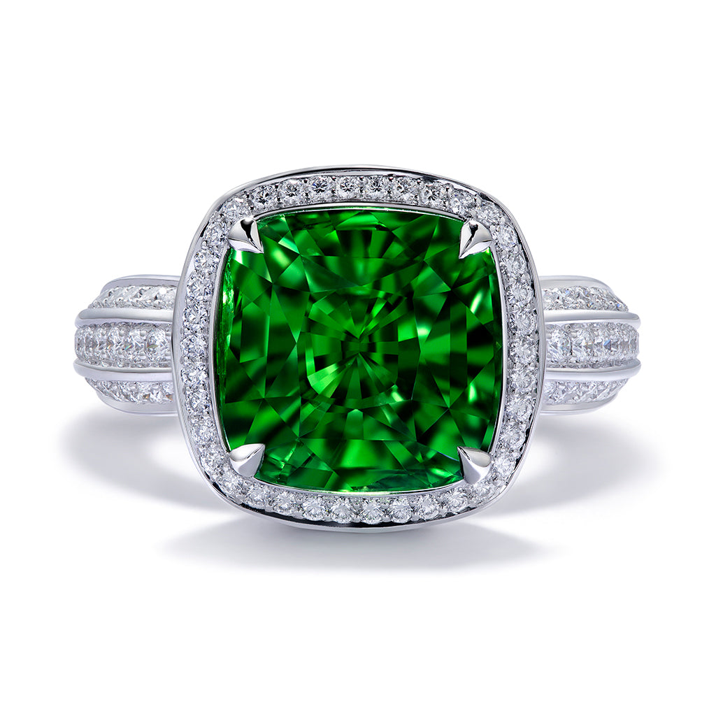 Tsavorite Ring with D Flawless Diamonds set in Platinum