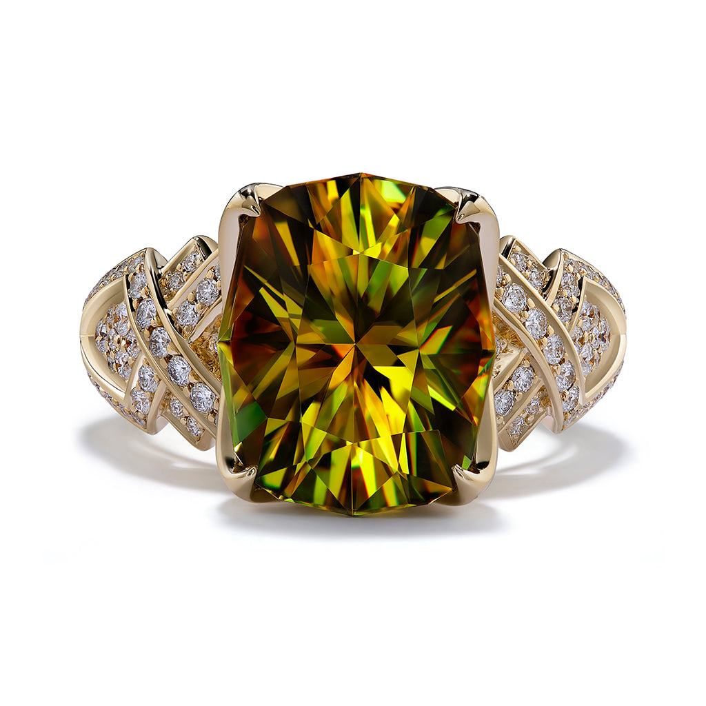 Sphene Ring with D Flawless Diamonds set in 18K Yellow Gold