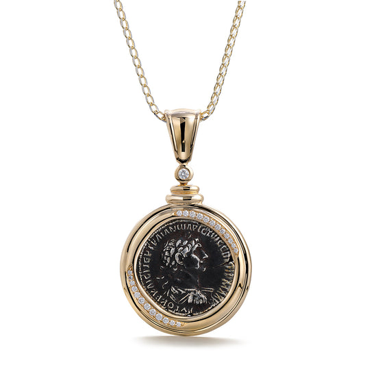 Ancient Coin Rome Necklace with D Flawless Diamonds set in 18K Yellow Gold