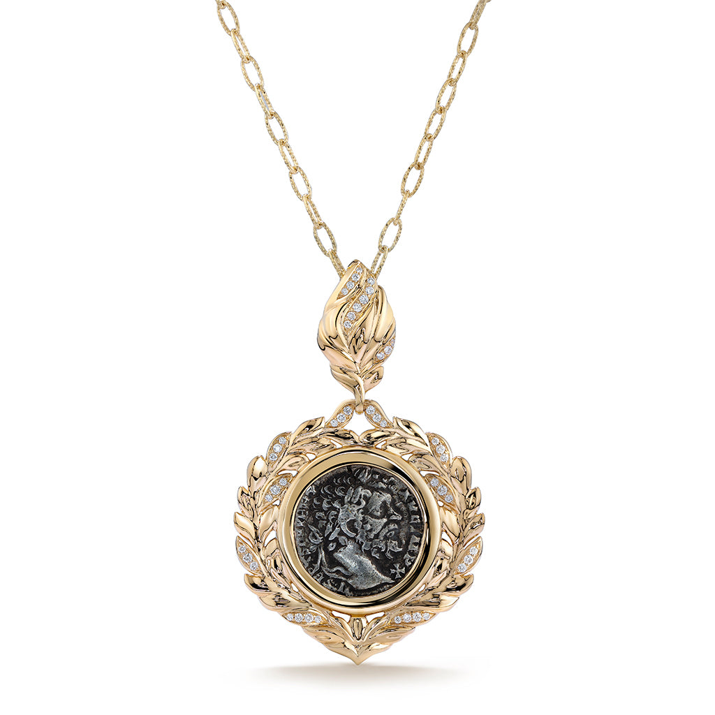 Ancient Coin Rome Necklace with D Flawless Diamonds set in 18K Yellow Gold