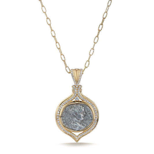 Ancient Coin Rome Necklace with D Flawless Diamonds set in 18K Yellow Gold