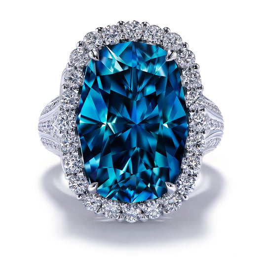 Blue Zircon Ring with D Flawless Diamonds set in 18K White Gold