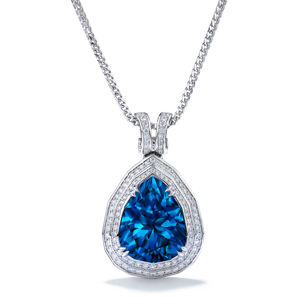 Blue Zircon Necklace with D Flawless Diamonds set in 18K White Gold