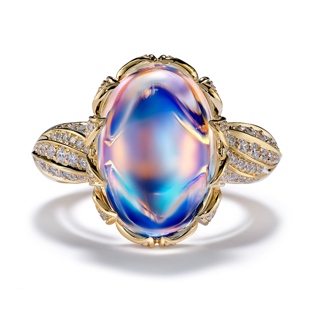 Ceylon Blue Moonstone Ring with D Flawless Diamonds set in 18K Yellow Gold