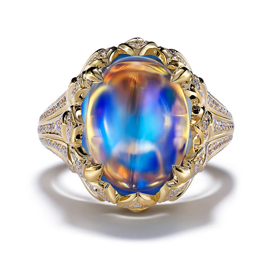 Ceylon Blue Moonstone Ring with D Flawless Diamonds set in 18K Yellow Gold