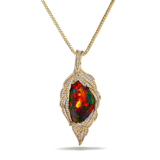 Indonesian Black Opal Necklace with D Flawless Diamonds set in 18K Yellow Gold