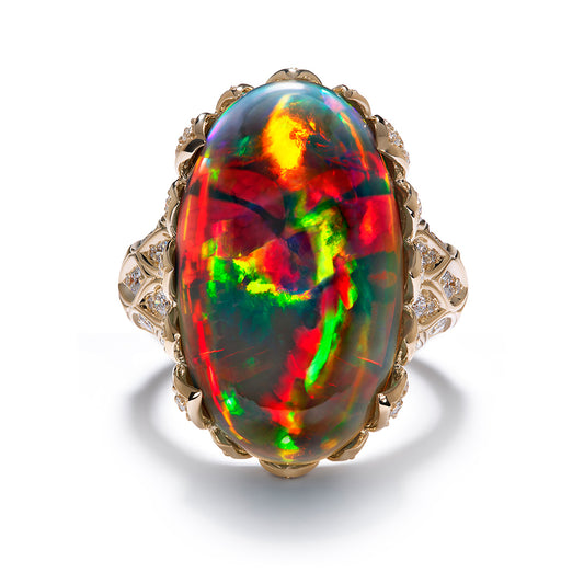 Indonesian Black Opal Ring with D Flawless Diamonds set in 18K Yellow Gold