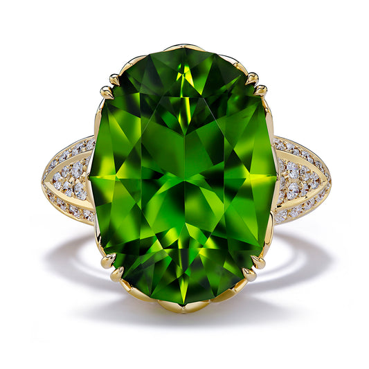 Burmese Peridot Ring with D Flawless Diamonds set in 18K Yellow Gold