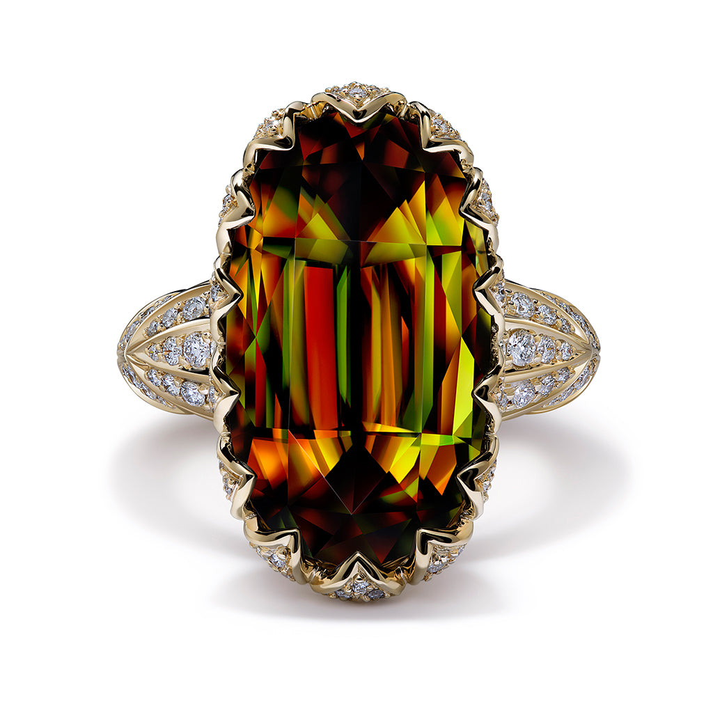 Himalayan Sphene Ring with D Flawless Diamonds set in 18K Yellow Gold