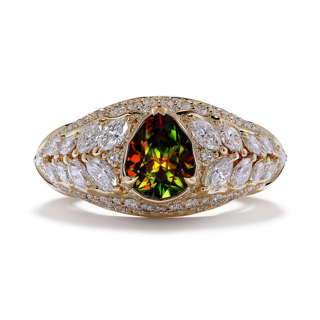 Himalayan Sphene Ring with D Flawless Diamonds set in 18K Yellow Gold