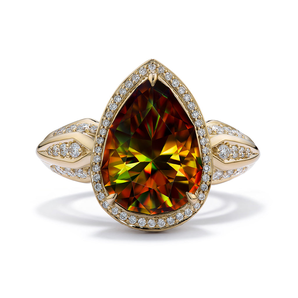 Himalayan Sphene Ring with D Flawless Diamonds set in 18K Yellow Gold