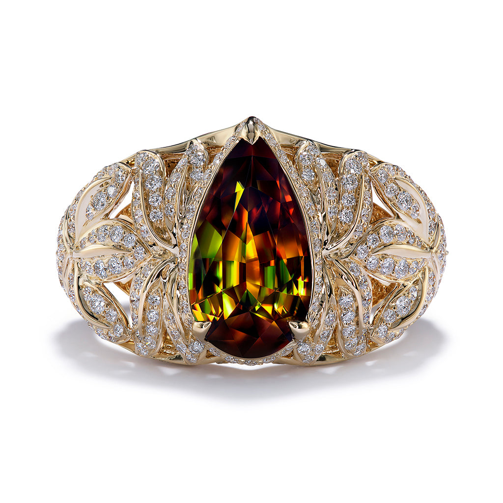 Himalayan Sphene Ring with D Flawless Diamonds set in 18K Yellow Gold