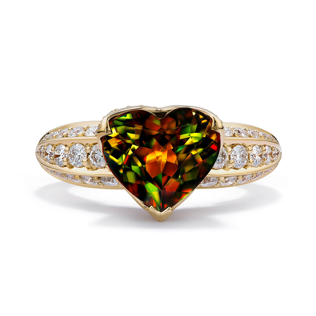 Himalayan Sphene Ring with D Flawless Diamonds set in 18K Yellow Gold