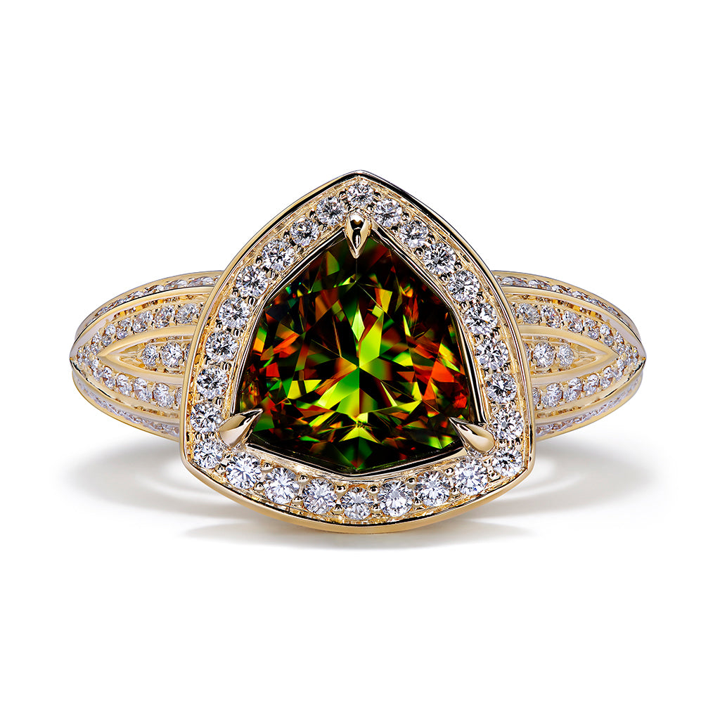 Himalayan Sphene Ring with D Flawless Diamonds set in 18K Yellow Gold