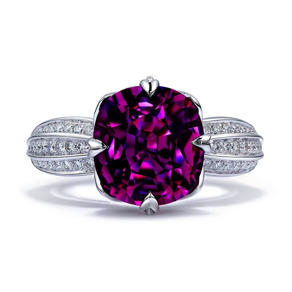 Blue Magenta Garnet Ring with D Flawless Diamonds set in Platinum