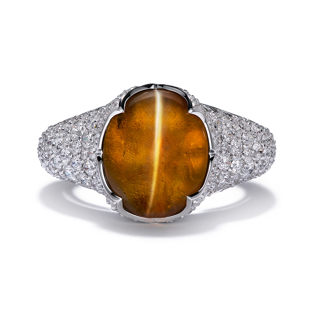 Cats Eye Chrysoberyl Milk & Honey Ring with D Flawless Diamonds set in 18K White Gold