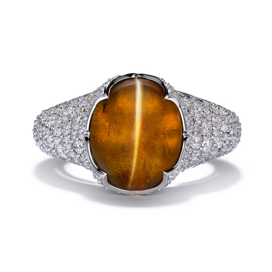 Cats Eye Chrysoberyl Milk & Honey Ring with D Flawless Diamonds set in 18K White Gold