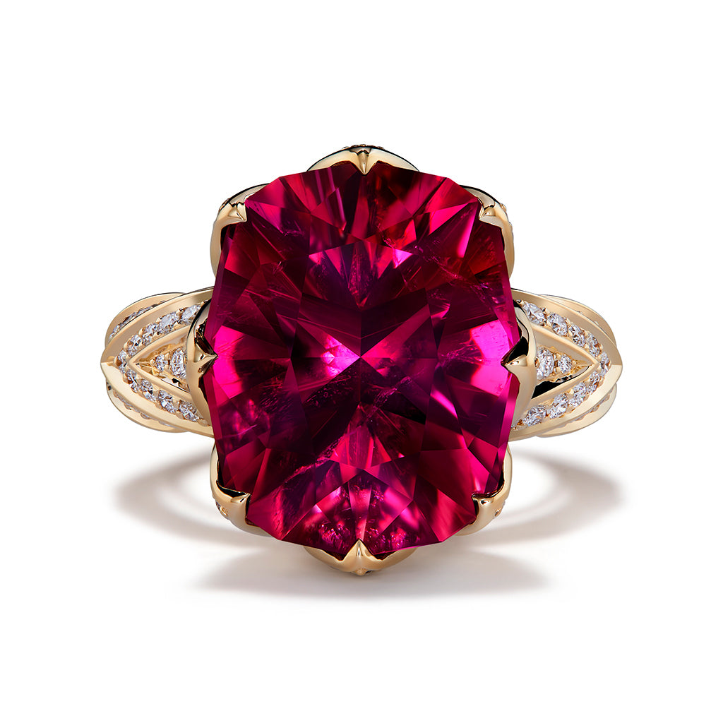 Rubellite Ring with D Flawless Diamonds set in 18K Yellow Gold