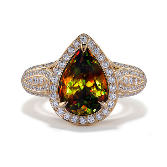 Himalayan Sphene Ring with D Flawless Diamonds set in 18K Yellow Gold