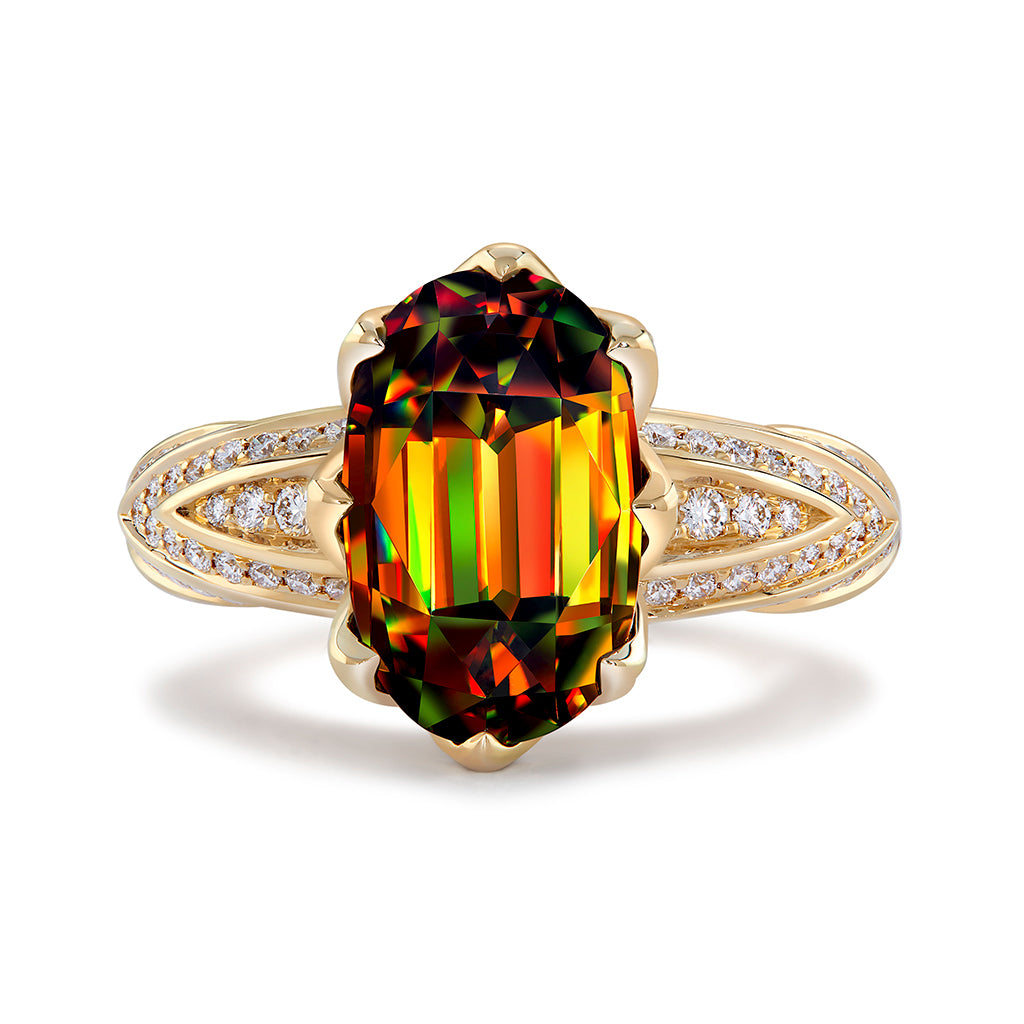 Himalayan Sphene Ring with D Flawless Diamonds set in 18K Yellow Gold