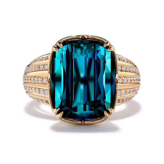 Indicolite Ring with D Flawless Diamonds set in 18K Yellow Gold