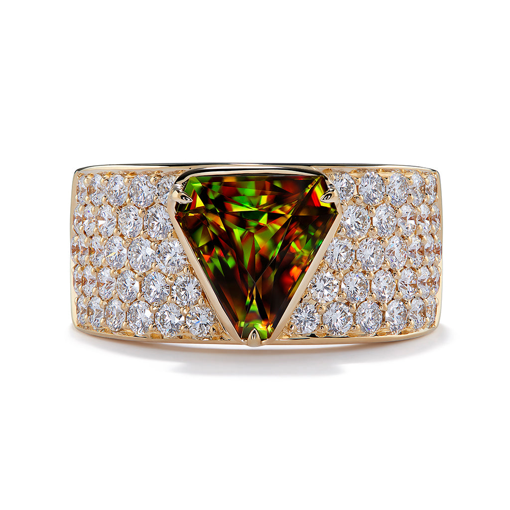 Himalayan Sphene Ring with D Flawless Diamonds set in 18K Yellow Gold