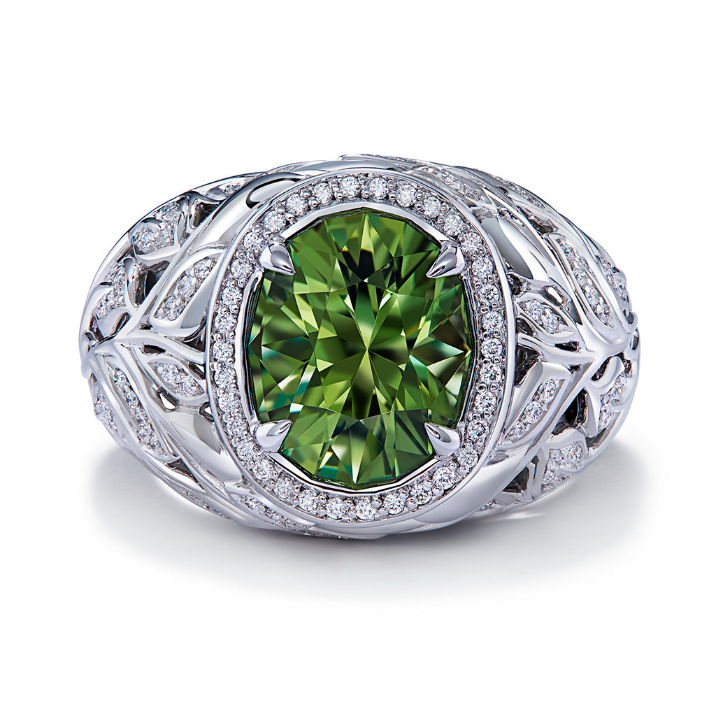 Komolo Tsavorite Ring with D Flawless Diamonds set in 18K White Gold