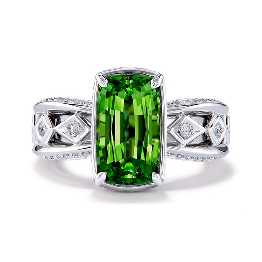 Komolo Tsavorite Ring with D Flawless Diamonds set in 18K White Gold