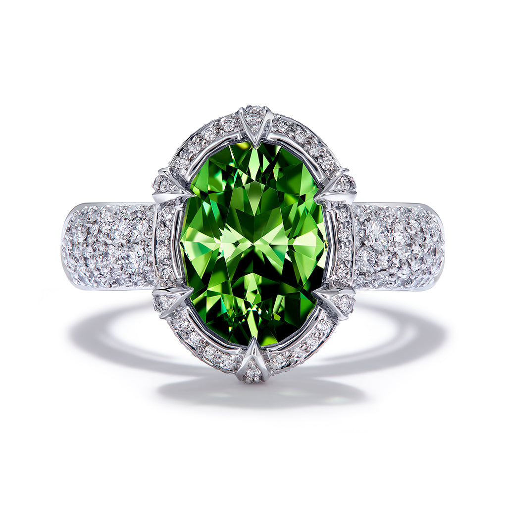 Komolo Tsavorite Ring with D Flawless Diamonds set in 18K White Gold