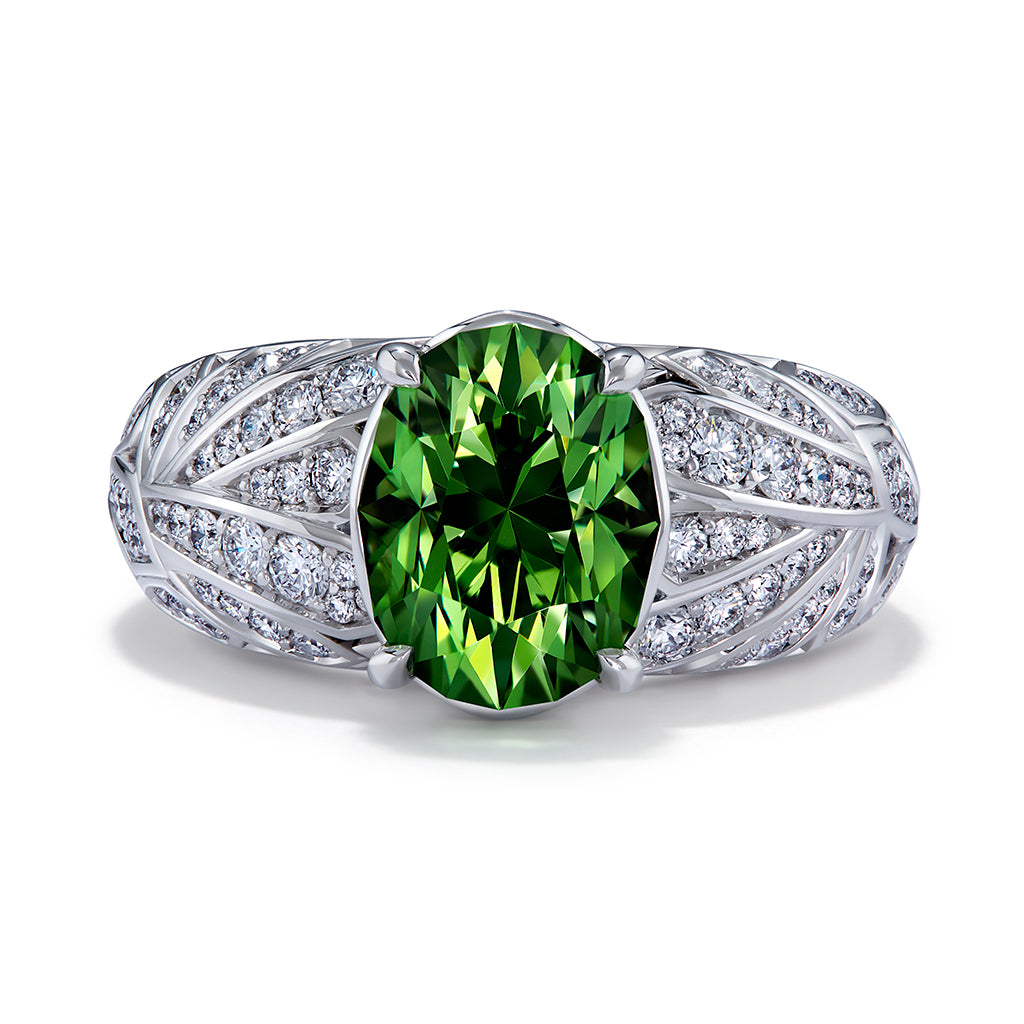 Komolo Tsavorite Ring with D Flawless Diamonds set in 18K White Gold