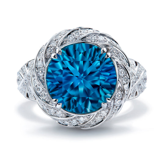 Blue Zircon Ring with D Flawless Diamonds set in 18K White Gold