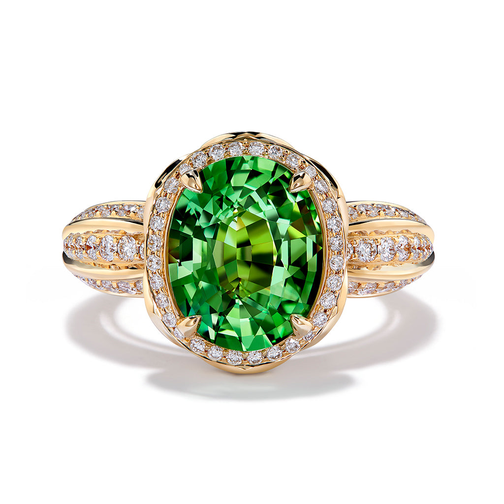 Komolo Tsavorite Ring with D Flawless Diamonds set in 18K Yellow Gold