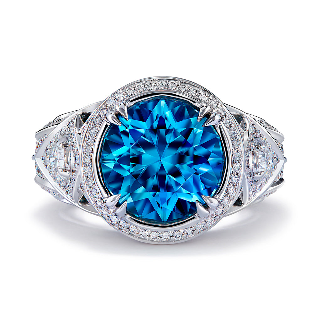 Blue Zircon Ring with D Flawless Diamonds set in 18K White Gold