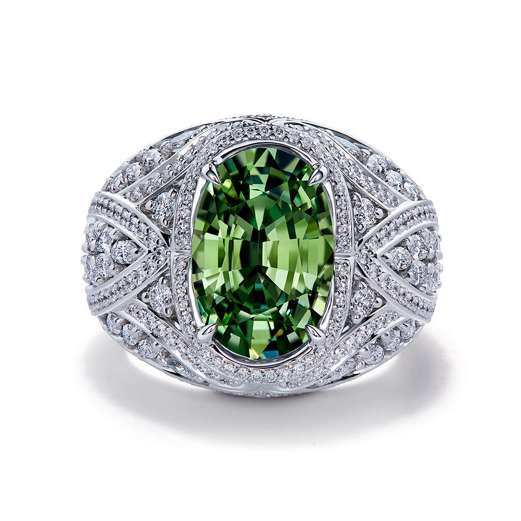 Komolo Tsavorite Ring with D Flawless Diamonds set in 18K White Gold