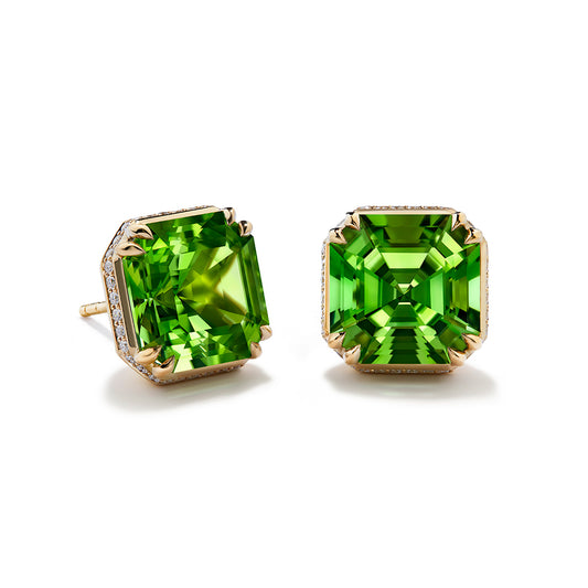 Mogok Peridot Earrings with D Flawless Diamonds set in 18K Yellow Gold