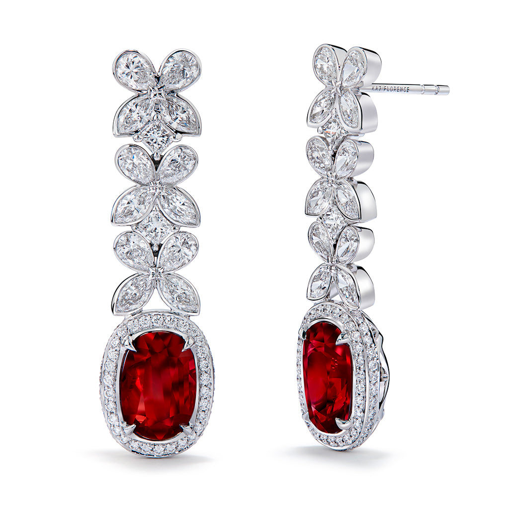 Unheated Gemfields Pigeon Blood Ruby Earrings with D Flawless Diamonds set in 18K White Gold