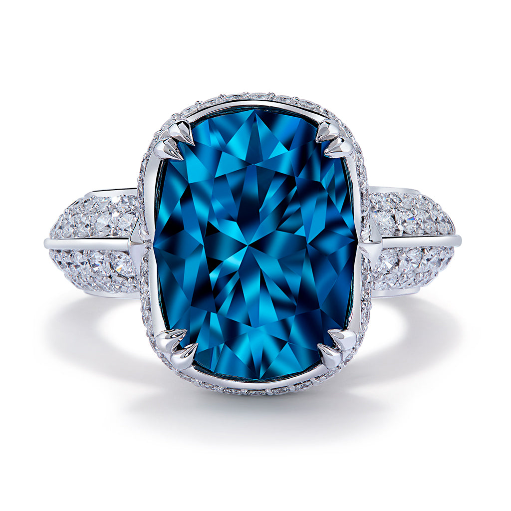 Blue Zircon Ring with D Flawless Diamonds set in 18K White Gold