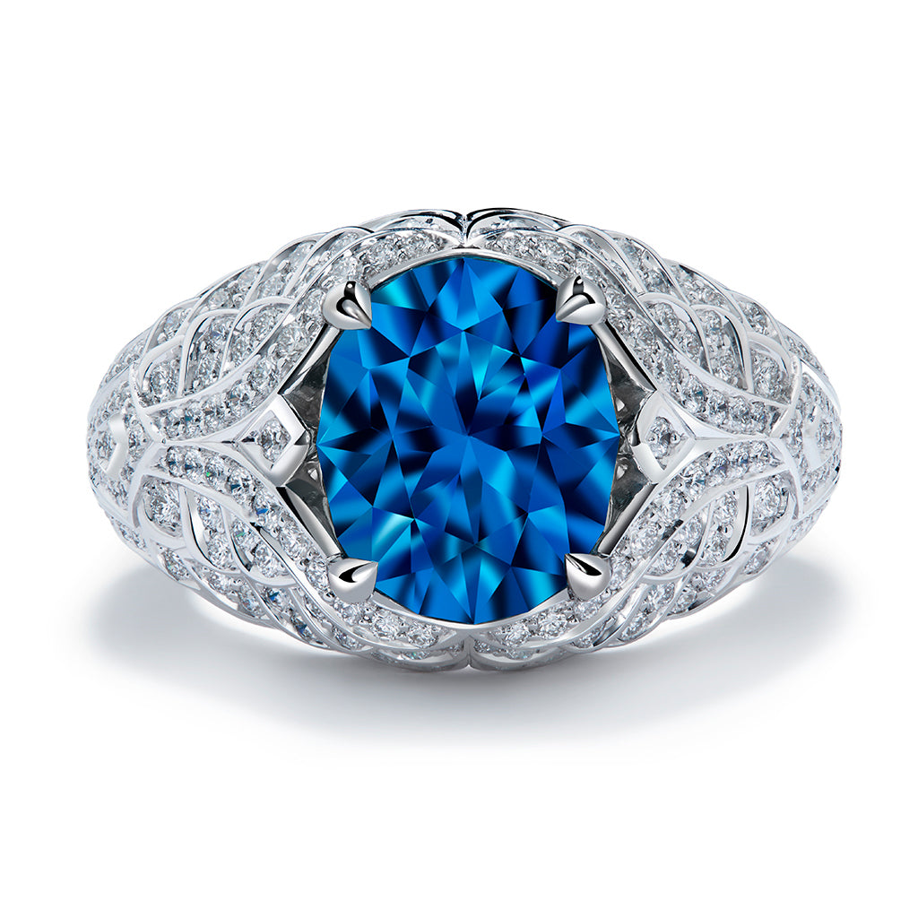 Blue Zircon Ring with D Flawless Diamonds set in 18K White Gold