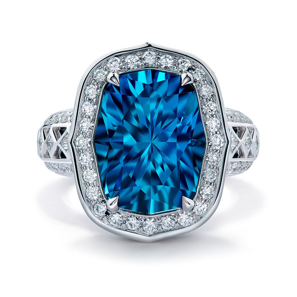 Blue Zircon Ring with D Flawless Diamonds set in 18K White Gold