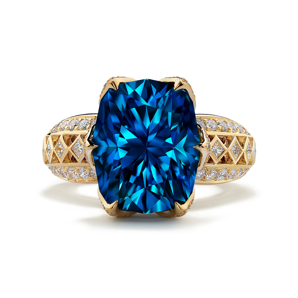 Blue Zircon Ring with D Flawless Diamonds set in 18K Yellow Gold